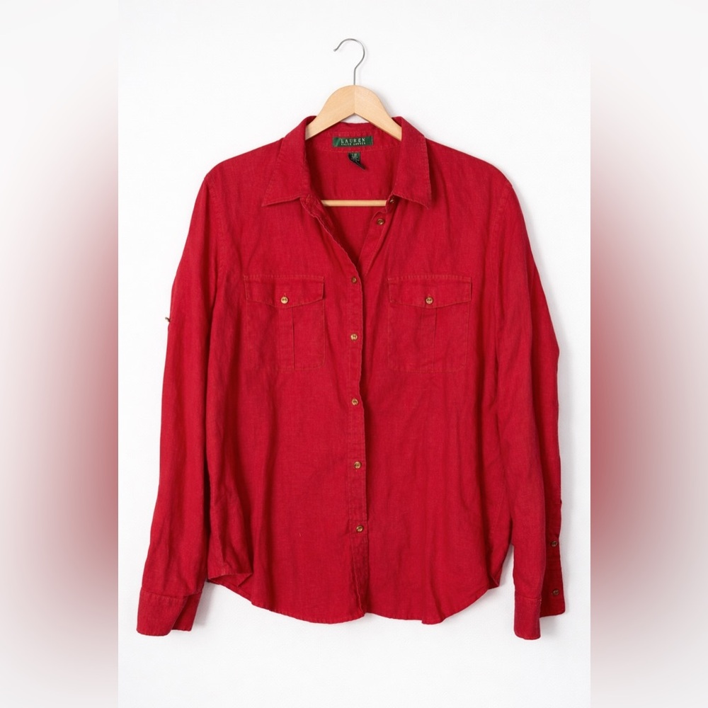 Lauren Ralph Lauren Red Linen Button Down Shirt Women’s Large Roll Tab Sleeve